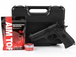 Pistol airsoft Elite M92 GBB, complet metalic cu cutie de transport + 500BBs + unsoare - Negru [B&W]