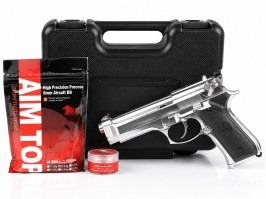 Pistol Airsoft Elite M92 GBB, complet metalic cu cutie de transport + 500BBs + unsoare - Chrome [B&W]