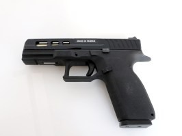 Pistol airsoft KP-13C, glisieră metalică, țeavă aurie, blowback (GBB) - negru - DAMAGED [KJ Works]