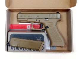 Pistol airsoft Glock 19X, glisieră metalică, gaz blowback - Coyote - RETURNAT DE CLIENT [UMAREX]