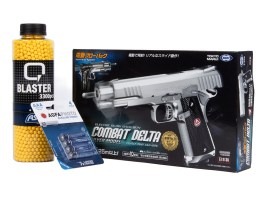 Pachet: Pistol electric Airsoft Combat Delta argintiu, EBB + 3000 BBs + 4 baterii [Tokyo Marui]