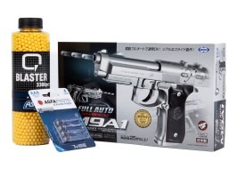Pachet: Pistol Airsoft FULL AUTO M9A1 argintiu, EBB + 3000 BBs + 4 baterii [Tokyo Marui]