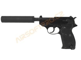 Pistol airsoft P38S cu supresor - gaz blowback - negru [WE]