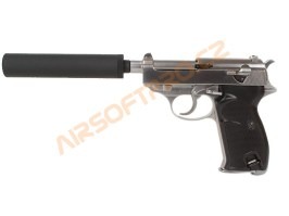 Pistol airsoft P38S cu supresor - gaz blowback - argintiu [WE]