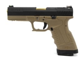 Pistol airsoft GP1799 T6 - GBB, glisieră negru metalic, cadru TAN, țeavă aurie [WE]