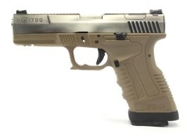 Pistol airsoft GP1799 T8 - GBB, glisieră metalică argintie, cadru TAN, țeavă argintie [WE]